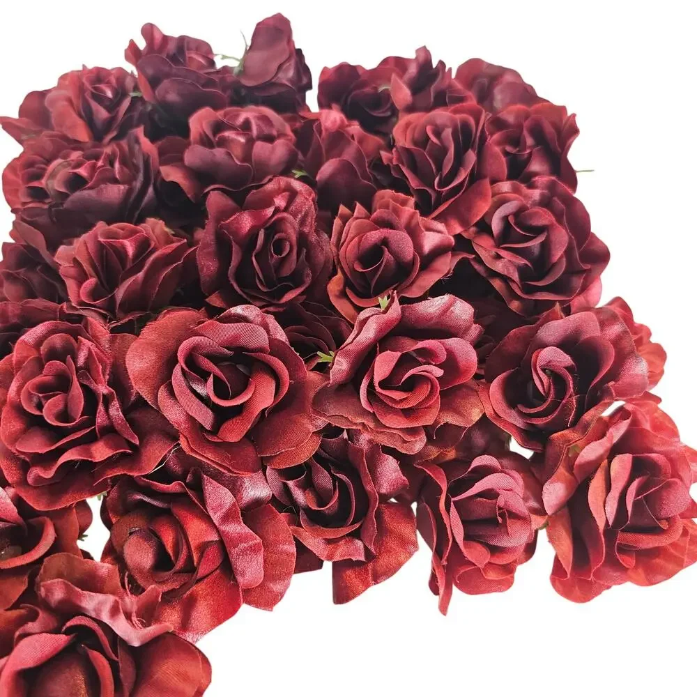 100 Burgundy Red Satin Rose Heads Stemless Wedding Floral Craft DIY 2.5in Flower